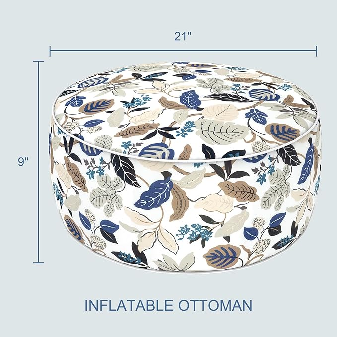 LVTXIII Outdoor Inflatable Ottoman, 21"x21"x9" Patio Fade-Resistant Footrest Stool with Handle, Portable Round Ottoman Pouf for Patio Garden, Camping or Home Use, Breeze Leaves Beige