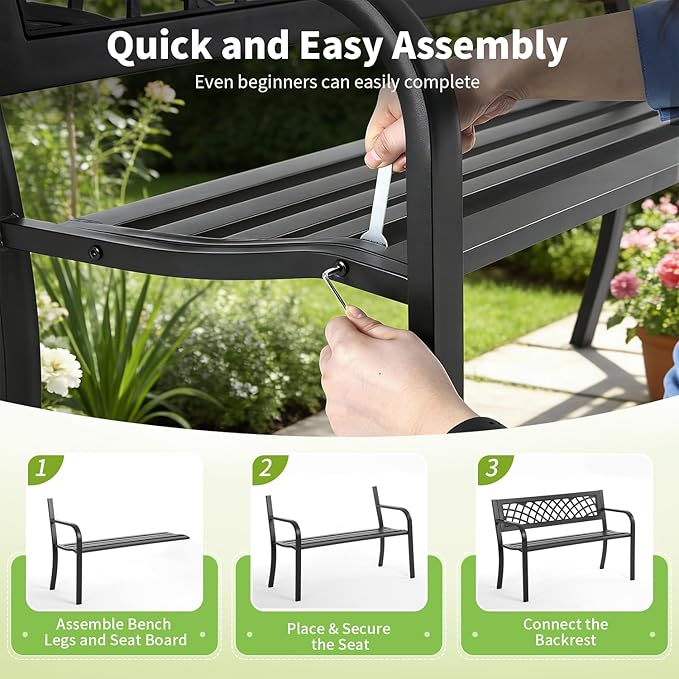 Garden Bench,Outdoor Benches,Iron Steel Frame Patio Bench with Mesh Pattern and Plastic Backrest Armrests for Lawn Yard Porch Work Entryway,Black
