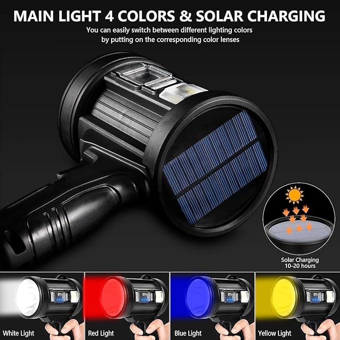 MIXILIN Rechargeable Spotlight, 99,000 Lumens Handheld Hunting Flashlight Led Spot Light with Cob Light and Solar Panels, Lightweight and Super Bright Spotlight for Hunting Boating Camping