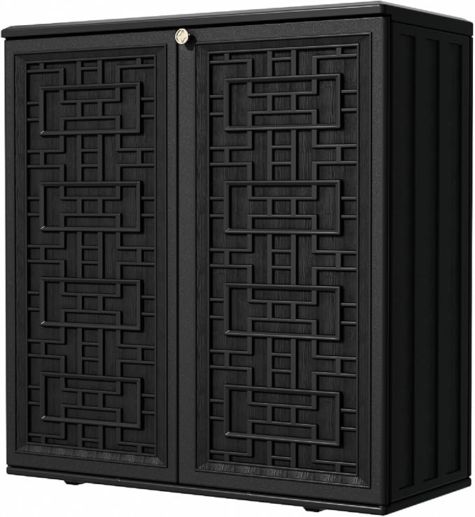 Outdoor Storage Cabinet Waterproof with Shelf,Resin Storage Sheds Outdoor Cabinets for tub Towels/Chemicals/Grill Items/Patio/Garden/Backyard, Size 34.3''L*15''W*36.2''H（Black）