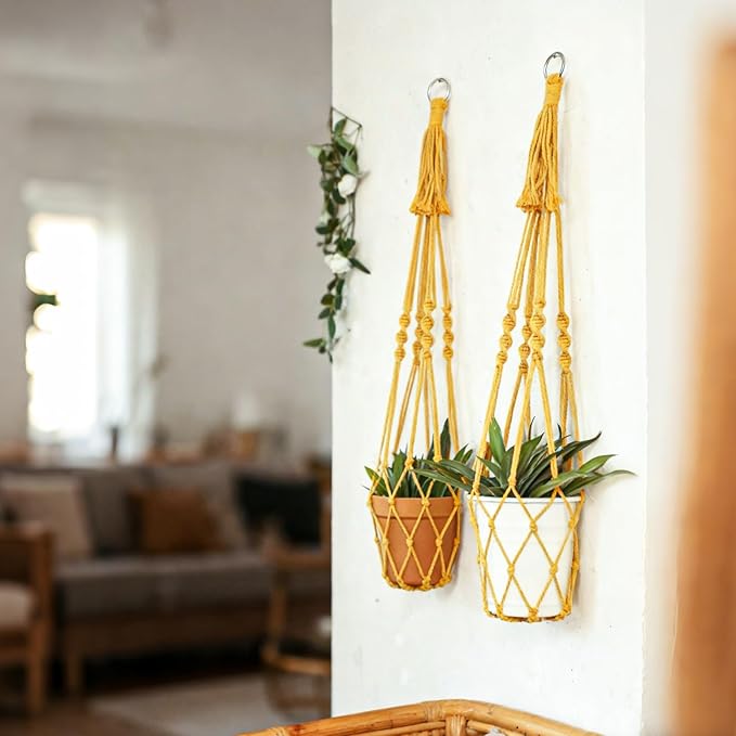 Artilady Boho Macrame Plant Hangers - Handmade Hemp Rope Hanging Baskets for Plants with Ceiling Hooks, Bohemian Home Decor Wall Art (Ginger-Yellow-2pcs)