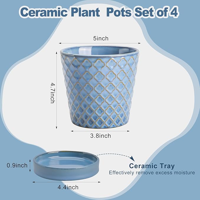 EFISPSS Plant Pots,5 Inch Pots for Indoor Plants,Planters with Drainage Hole and Saucer, Ceramic Flower Pots Desktop Office Windowsill Decoration Gift Set of 4 - Sky Blue