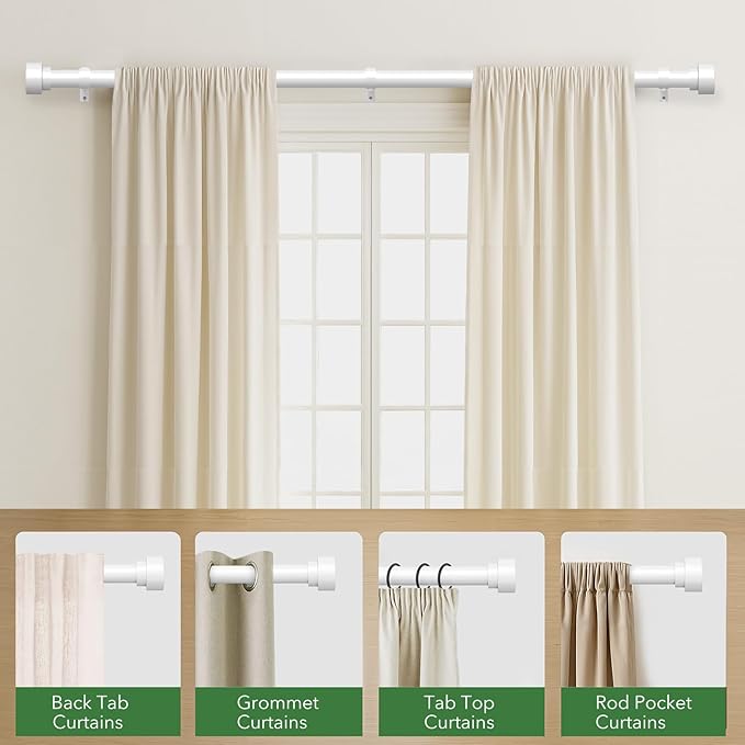 Curtain Rods for Windows 48 to 84, 1 Inch Adjustable White Heavy Duty Long Curtain Rod, Modern Style Indoor Outdoor Window Drapery Rods with End Caps, Size 32" - 90"
