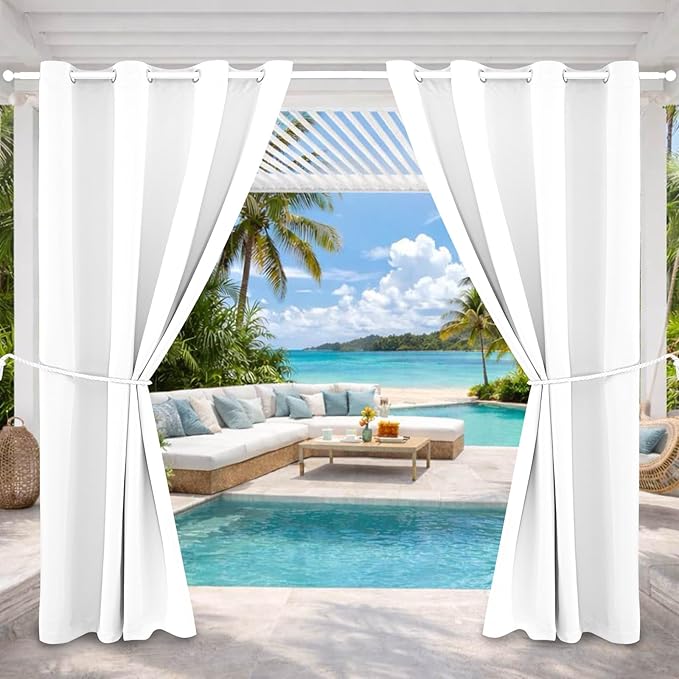 Outdoor Indoor Curtains W52 x L63 for Patio - Weather-resistant Window Panels Privacy Protect Grommet Top Thermal Insulated Home Curtain for Porch Pergola Hot Tub Area (Pure White, 2 Panels)