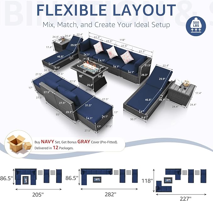 NICESOUL 13 Piece Patio Furniture with Fire Pit, Heavy Duty Wicker Outdoor Sectional with Firepit Table & Chaise Lounge, Big Large Sectional 10-Seats w/Firepit Propane/Natural Gas, Gray & Navy Blue