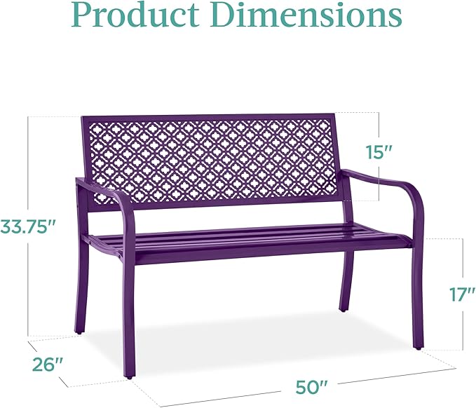 Best Choice Products Outdoor Bench 2-Person Metal Steel Benches Furniture for Garden, Patio, Porch, Entryway w/Geometric Backrest, 790lb Capacity - Dark Purple