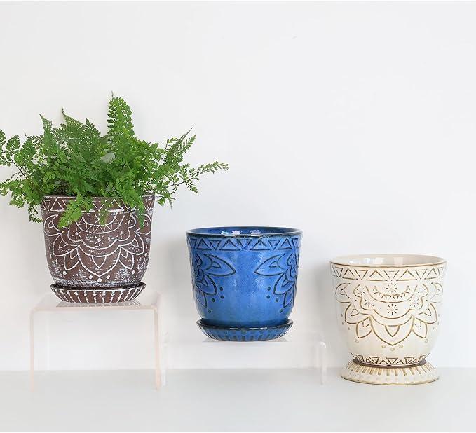 Gepege Beaded Ceramic Planter 6 Inch Set of 2 with Drainage Hole and Saucer for Plants, Indoor-Outdoor Large Round Succulent Orchid Flower Pot (Cream White, Inner-pots not Larger Than 5 Inch)