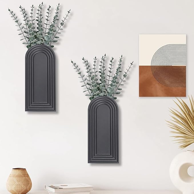 2 Pack Wooden Wall Vase Set - Black Finish Modern Farmhouse & Boho Wall Decor for Entryway, Hallway, Bathroom, Living Room, Dining Room, Narrow Spaces