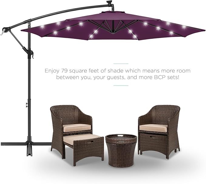 Best Choice Products 10ft Solar LED Offset Cantilever Hanging Market Patio Umbrella, 8 Sturdy Ribs, Easy Adjustment - Amethyst Purple
