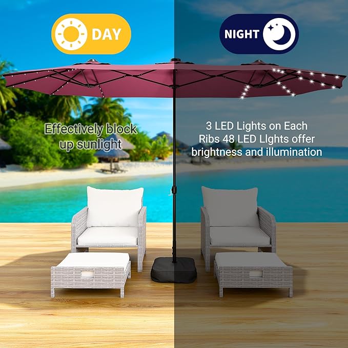 LEVELEVE 14FT Large Patio Umbrella with Base & Solar LED Lights - Double-Sided,Red