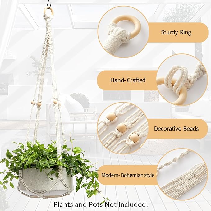 CADNLY Macrame Plant Hangers Indoor – Rope Hanging Plant Holder with Extender - Boho Hanging Planters Indoor - White Macrame Hanger Outdoor Flower Pot Holder from Ceiling Wall 3 Pack 6 Hooks