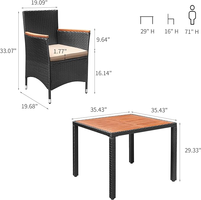 Flamaker 5 Piece Patio Dining Set Outdoor Acacia Wood Table and Chairs with Soft Cushions Wicker Patio Furniture for Deck, Backyard, Garden
