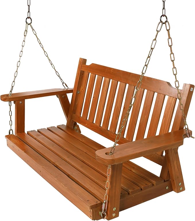 Wooden Porch Swing 2-Seater, Bench Swing with Hanging Chains, Heavy Duty 800 LBS, for Outdoor Patio Garden Yard, 4 Ft, Brown
