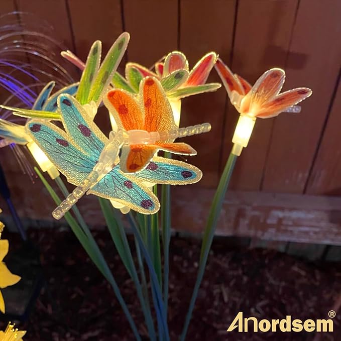 Anordsem Solar Garden Lights Outdoor: 8 Removable Optical Fiber Dragonflies 2 Pack - Waterproof Fun Animal Decoration for Yard Patio Path - Gardening Gifts for Garden Lovers Over 30