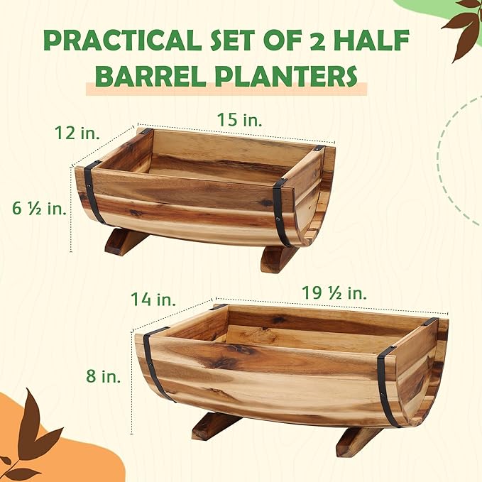 Solid Acacia Wood Half Barrel Planters Outdoor Set of 2 Different Sizes, Wooden Planters for Outdoor Plants with Metal Bands & Drainage Holes, Legs Included, Natural