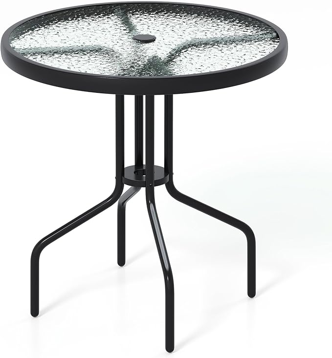 Tangkula 27.5 Inch Round Outdoor Dining Table with Tempered Glass Top, Outside Bistro Table with Umbrella Hole & Metal Frame, Patio Dining Table for Backyard, Lawn, Deck & Poolside