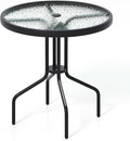 Tangkula 27.5 Inch Round Outdoor Dining Table with Tempered Glass Top, Outside Bistro Table with Umbrella Hole & Metal Frame, Patio Dining Table for Backyard, Lawn, Deck & Poolside