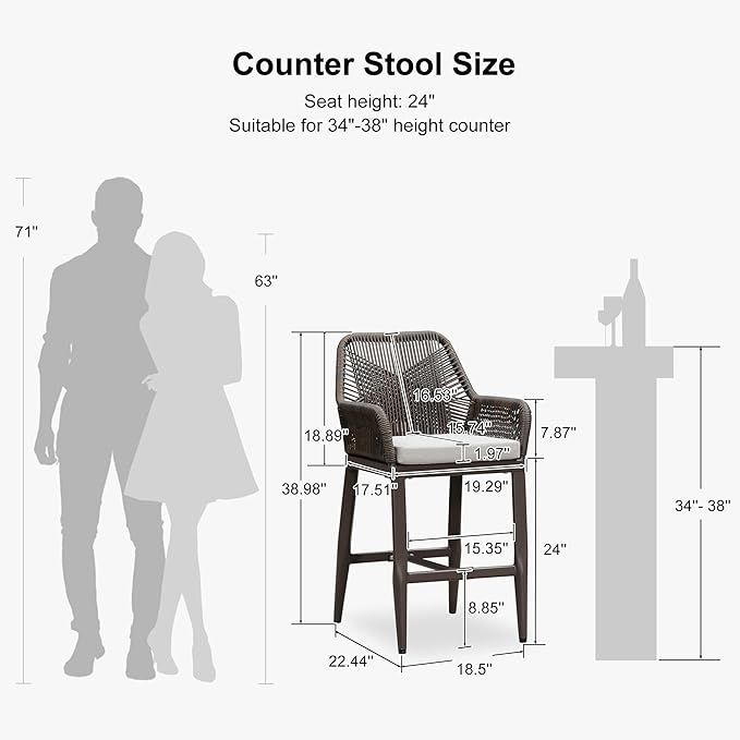 PURPLE LEAF Outdoor 24" Counter Height Bar Stools Chair Set of 2, All Weather Rattan and Aluminum Patio Bar Stool with Cushion for Indoor and Outdoor, Kitchen Island, Coffee