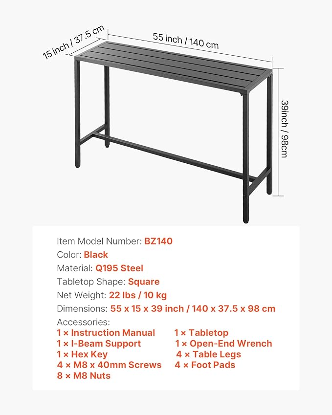 VEVOR Outdoor Bar Table, 55 x 15 in Patio Bar Table, Waterproof Top & Sturdy Metal Frame, Rectangle Counter Height Dining Tables, Outdoor Furniture for Balcony, Yard, Hot Tub, Poolside, Indoor