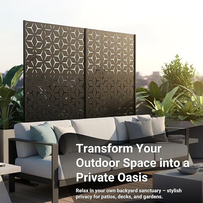 6FT Metal Privacy Screen Outdoor – Decorative Laser Cut Privacy Fence Panel for Patio, Deck & Garden, Rustproof Steel Privacy Divider, Modern Geometric Design, Freestanding Outdoor Privacy Screen