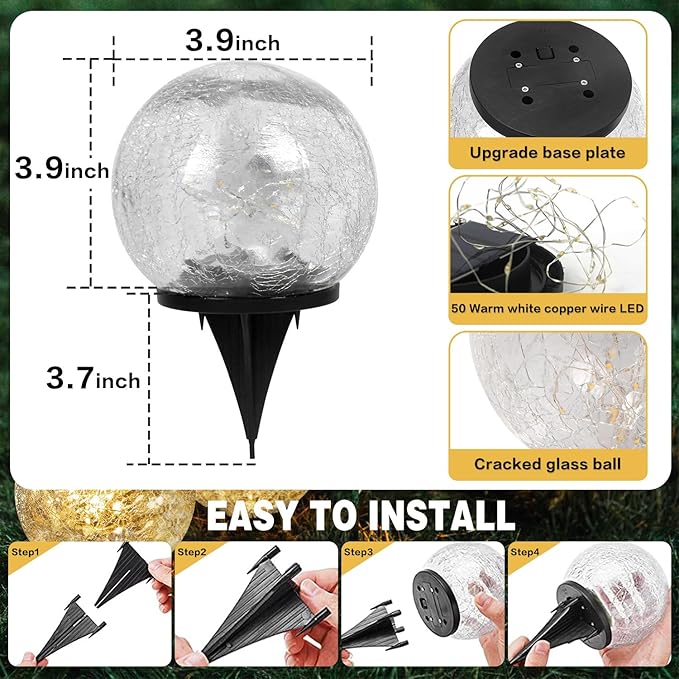Solar Garden Lights Outdoor Waterproof, 4 Pack 30 LEDs Cracked Glass Ball Light, Ground Landscape Garden Decor, Solar Globe Decorative for Pathway/Patio/Lawn/Yard (Multicolor, 3.9")