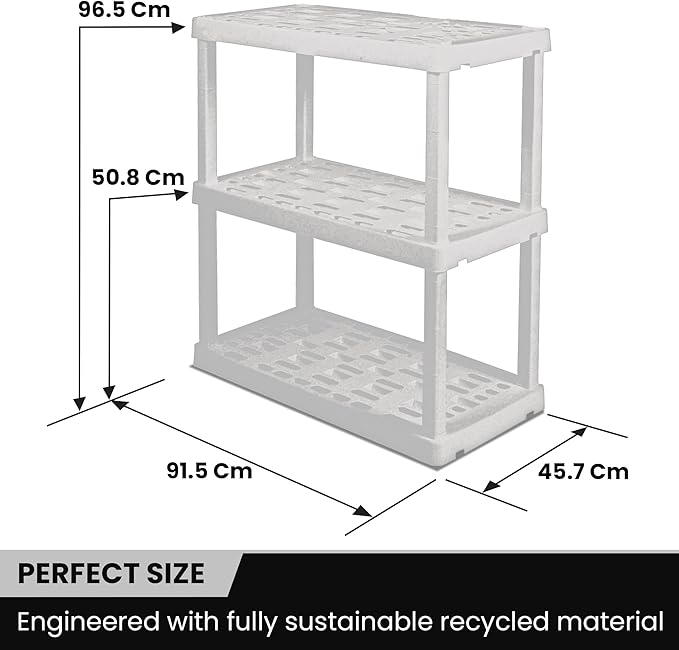Oskar Heavy Duty Plastic Storage Shelves- for Garage, Kitchen, Bathroom Basement Kids Room, Stackable 3-Tier White, Organizer Rack for Books Shoes, Toys, Pantry, Cleaning and Closet Organization