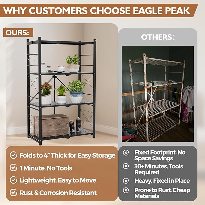 EAGLE PEAK 4-Tier Foldable Greenhouse Shelf, Heavy Duty Metal Storage Rack, No Assembly Steel Shelving Unit, Plant Stand for Greenhouse and Multi-Use Storage, 28”x14.6”x44.7”, 520 lbs, 1 Pack, Black