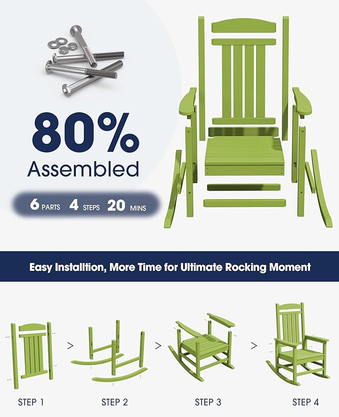 KINGYES Outdoor Rocking Chair Set of 2, High Density Polyethylene Patio Rocking Chairs with 330lbs Support for Adults, Pistachio Green