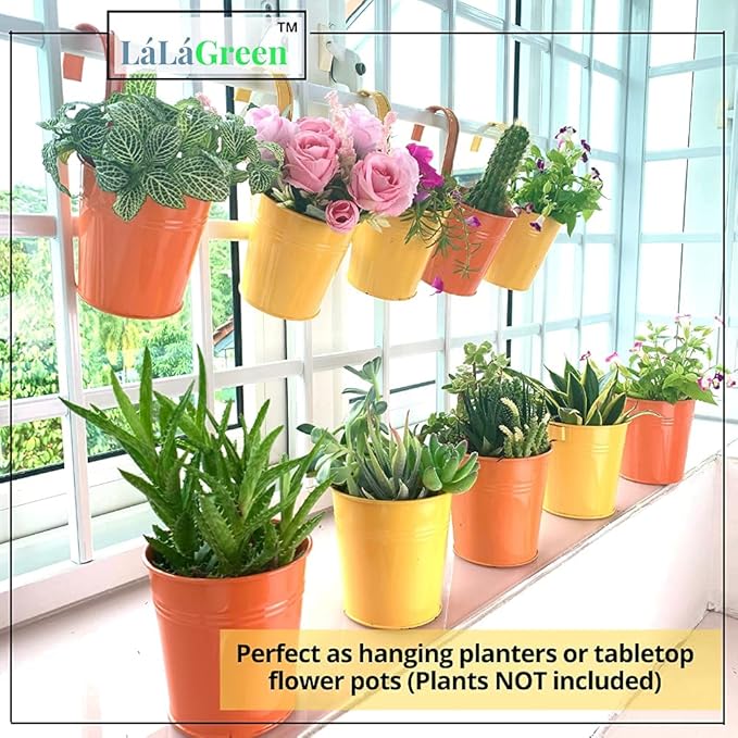 LaLaGreen Railing Planter - 10 Pack, 4 Inch Hanging Wall Herb Planters for Outdoor Plants Orange Metal Hanging Flower Pot Yellow Deck Planters Outdoor Rail Garden Balcony Porch Macetas Colgante Pared