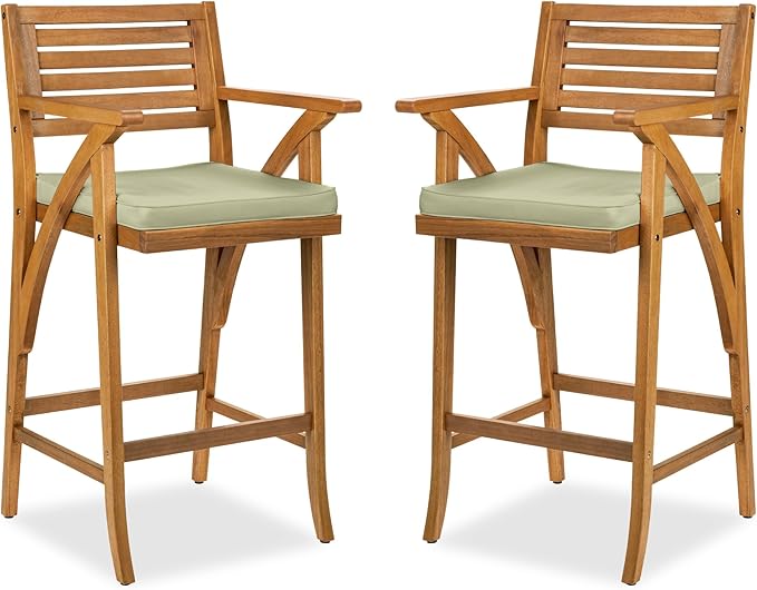 Best Choice Products Set of 2 Outdoor Acacia Wood Bar Stools Bar Chairs for Patio, Pool, Garden w/Weather-Resistant Cushions - Sage