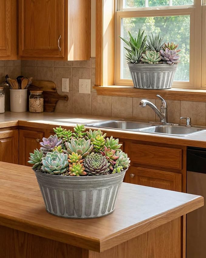 vensovo 9 Inches Silver Metal Rustic Plant Pots - 4 Pcs Large Shallow Galvanized Planters with Drain Hole and Rubber Plug, Rustproof Tin Bucket Succulent Pot Indoor Farmhouse Vintage Style for Decor