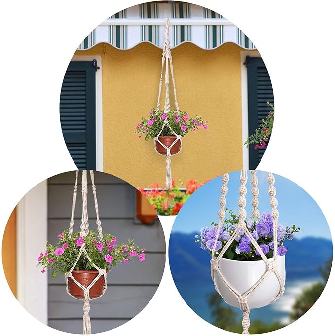 MIPON 3 Pack Macrame Plant Hanger Indoor Hanging Planter Holder with 3 Hooks, 46"/41"/34" Size for Boho Home Decor, Ivory (Pots Not Included)