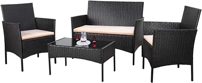 Homall 4 Pieces Outdoor Patio Furniture Sets Rattan Chair Wicker Set,Outdoor Indoor Use Backyard Porch Garden Poolside Balcony Furniture (Black and Beige)