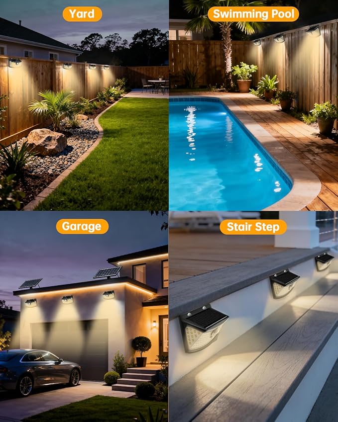 Aootek New Solar Motion Sensor Lights 120 LEDs with Lights Reflector,270° Wide Angle, IP65 Waterproof, Step Lights for Front Door, Yard, Garage, Deck (Black, Warm White, 2-Pack)