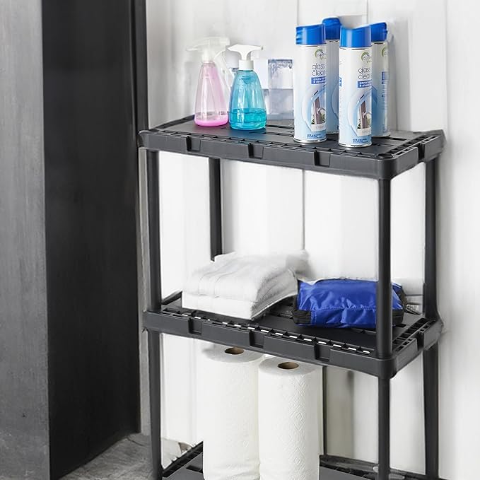 Gracious Living 3 Pack Light Duty Storage Shelves, Knect-A-Shelf 3-Shelf Ventilated Shelving Rack Organizer for Home, Garage, Basement, Laundry, Black