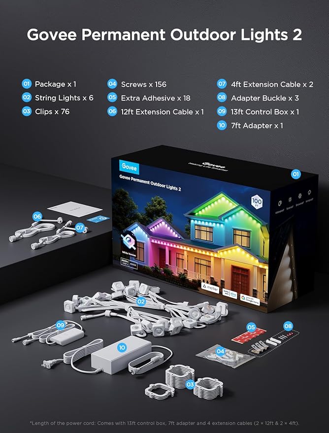 Govee Permanent Outdoor Lights 2, 100ft RGBIC Outdoor Lights with 16 Million Colors and 100 Scene Modes, IP67 Waterproof, Holiday & Party Decorations, Works with Alexa, Google Assistant, White
