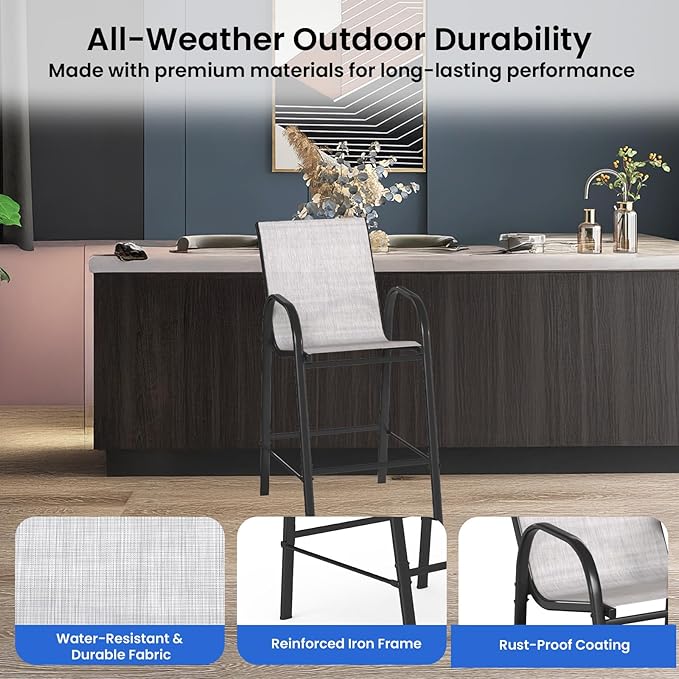 HOMREST Outdoor Bar Height Stools Set of 6,High Back Patio Chairs with Armrests,Textilene Chairs with Breathable Fabric & Metal Frame for All Weather,Light Grey