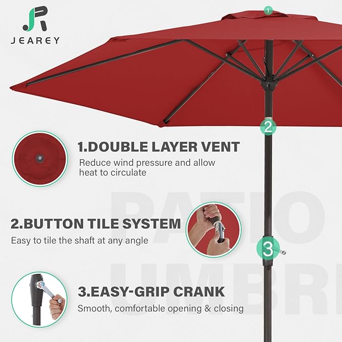 JEAREY 7.5FT Patio Umbrella Outdoor Market Umbrella with 6 Sturdy Ribs, Push Button Tilt/Crank Table Umbrella for Garden, Deck, Backyard and Pool, Red