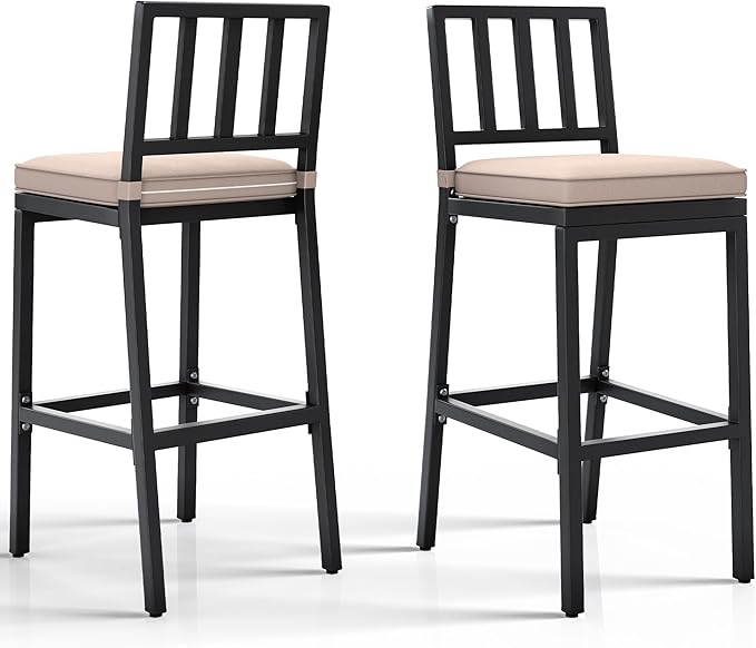 YITAHOME Outdoor Bar Stools Set of 2, Cushioned Metal Outdoor Bar Stools w/Vertical Stripe Back, All-Weather Patio Bar Stools for Balcony Backyard Porch Poolside