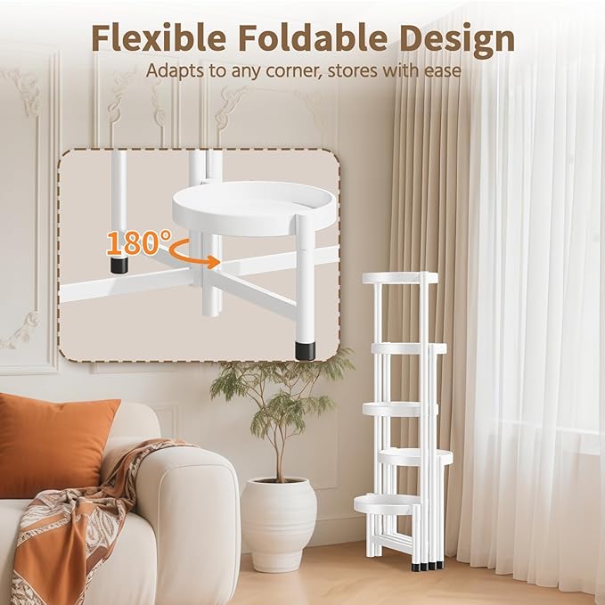 LASZOLA 5 Tiered Folding Tall Plant Stand Indoor for Multiple Large Planter, Heavy Duty Metal Adjustable Flower Rack for Narrow Corner, Sturdy Vertical Spiral Shelving Holder for Modern House, White