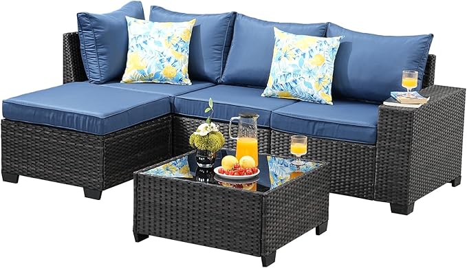 Jing's Villa 5-Piece Patio Furniture Set, All-Weather Outdoor Wicker Sectional Sofa with Cushions, Tempered Glass Table & Ottoman,Rattan Conversation Seating for Porch, Garden, Backyard,Navy