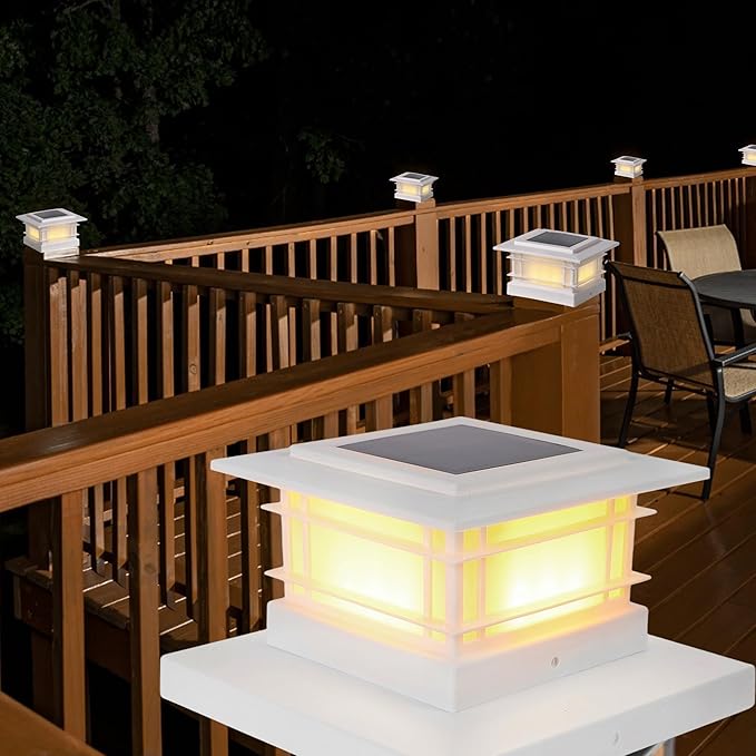 Dynaming 6 Pack Solar Post Cap Lights Outdoor, White Shell Fence Post Solar Lights Fit for 4x4 5x5 Vinyl/Wooden Posts, High Brightness Warm White SMD LED Lighting Decor for Garden Deck Patio