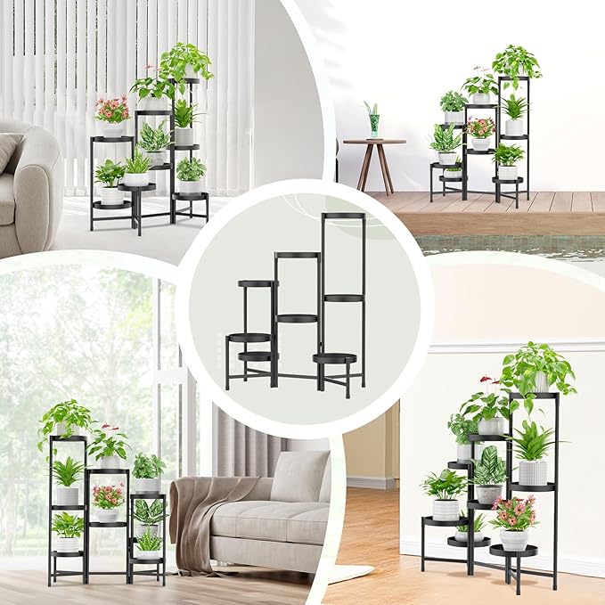 iDavosic.ly Plant Stand Indoor Outdoor, 8 Tier Corner Metal Flower Display Holder Shelf, Easy Assembly Folding Tall Orchid Rack for Patio Balcony Porch Garden Living Room House, Black