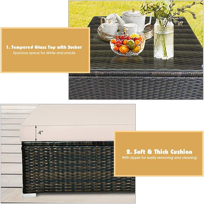 Tangkula 5 Pieces Patio Rattan Furniture Set, Outdoor Sectional Rattan Sofa Set with Back & Seat Cushions, Wicker Conversation Set with Tempered Glass Table for Backyard Porch Poolside (Brown)