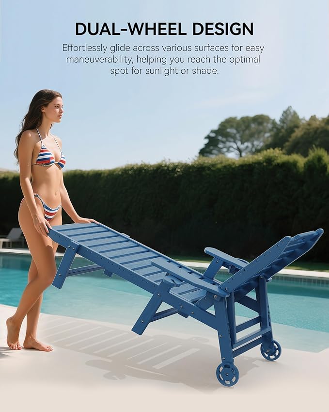 Carauci Lounge Chair Outdoor Set of 2, HDPE Chaise Lounge with Wheels, 5-Position Adjustable Backrest & 2 Cup Holders Patio Lounge Chair, All-Weather Pool Sun Lounger for Poolside, Backyard, Blue