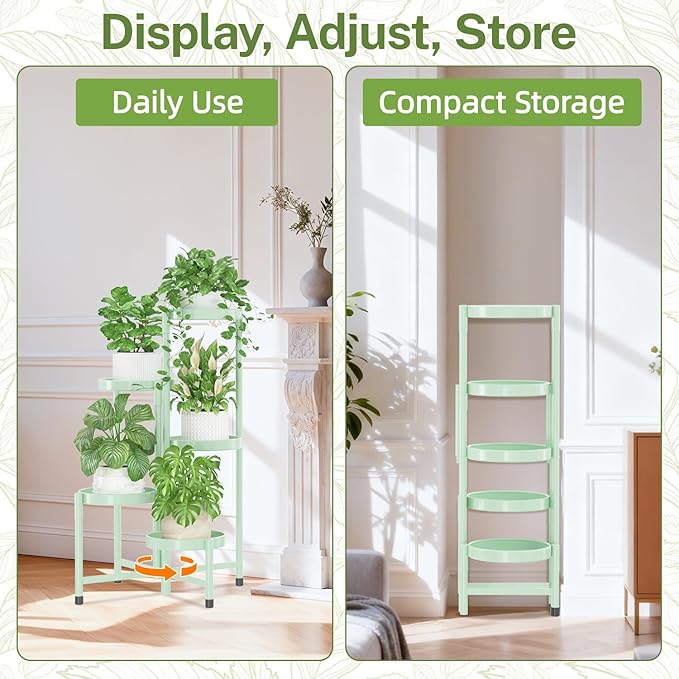 iDavosic.ly Plant Stand Indoor Outdoor, 5 Tier Corner Metal Flower Display Holder Shelf, Easy Assembly Folding Tall Orchid Rack for Patio Balcony Porch Garden Living Room House, Light Green
