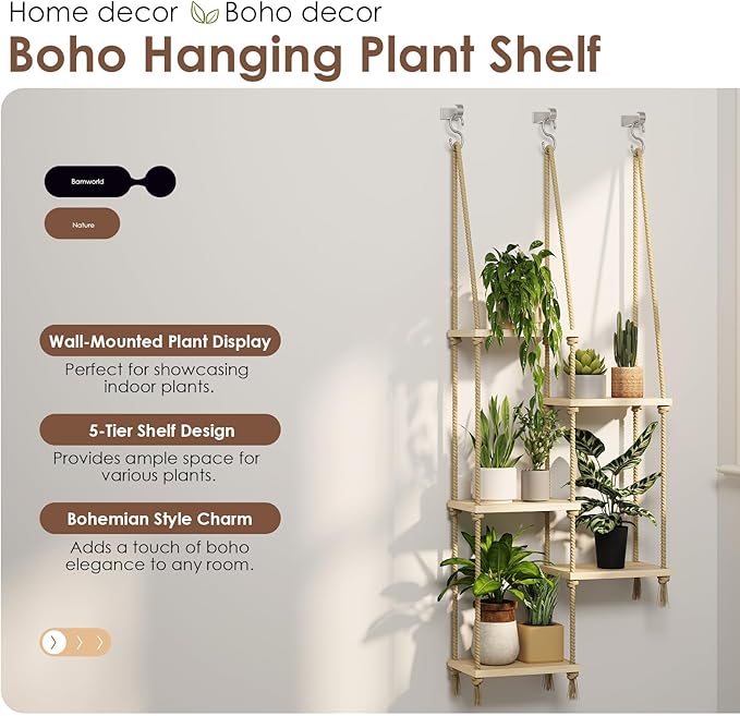 Bamworld Hanging Shelves Plant Hanger Indoor Window Plant Shelves Wood Plant Wall Shelf Window Sill Plant Shelf Indoor Hanging Plant Stand Living Room Decor Garden Boho Decor