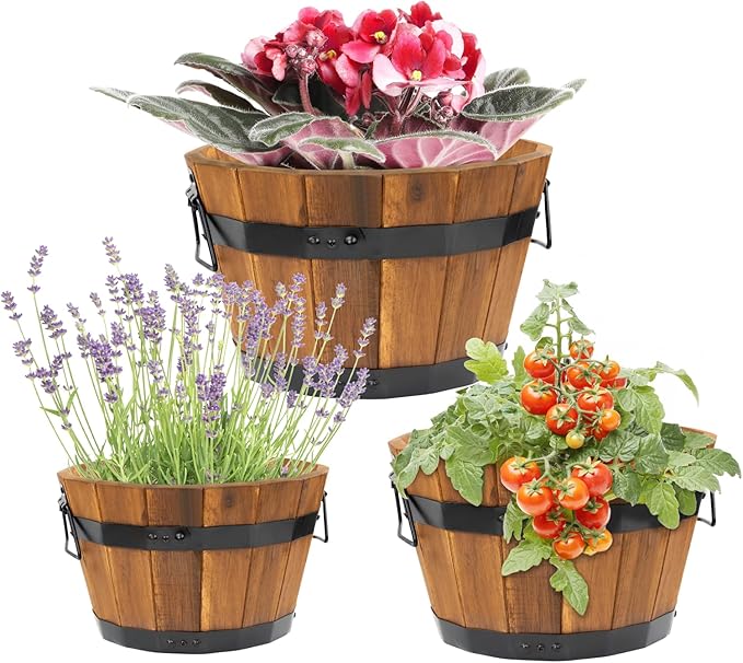 Idzo Set of 3 Wooden Upgraded Brown Orange Flower Boxes Outdoor, Durable Acacia Wood Barrel Planters for Outdoor Plants with Ergonomic Handles, Drainage Holes, Multiple Sizes Wood Bucket Planter