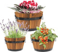 Idzo Set of 3 Wooden Upgraded Brown Orange Flower Boxes Outdoor, Durable Acacia Wood Barrel Planters for Outdoor Plants with Ergonomic Handles, Drainage Holes, Multiple Sizes Wood Bucket Planter