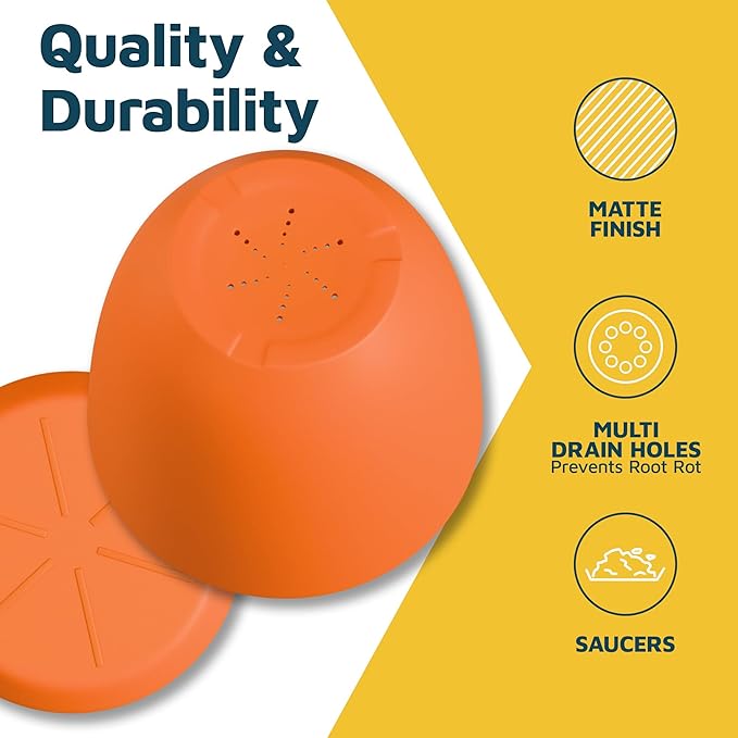 Yellow Plant Pots with Drainage Holes & Saucers 15 Pack, Indoor & Outdoor Stackable Space-Saving Planters for Houseplants & Flowers, (7", 6.7", 6", 5.3", and 4.8" Inches), Durable & Weatherproof